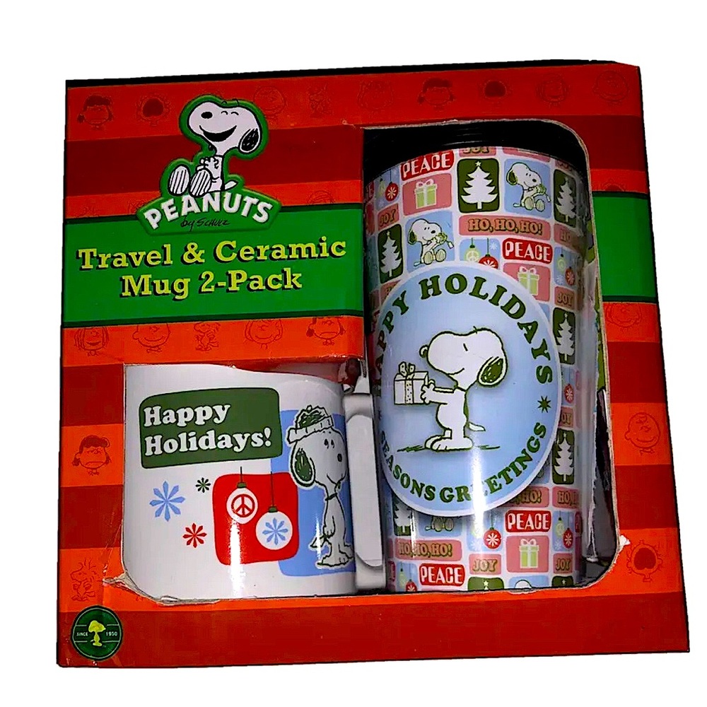PEANUTS CHRISTMAS SNOOPY TRAVEL MUG & CERAMIC MUG SET CHARLIE BROWN  VTG 2012
